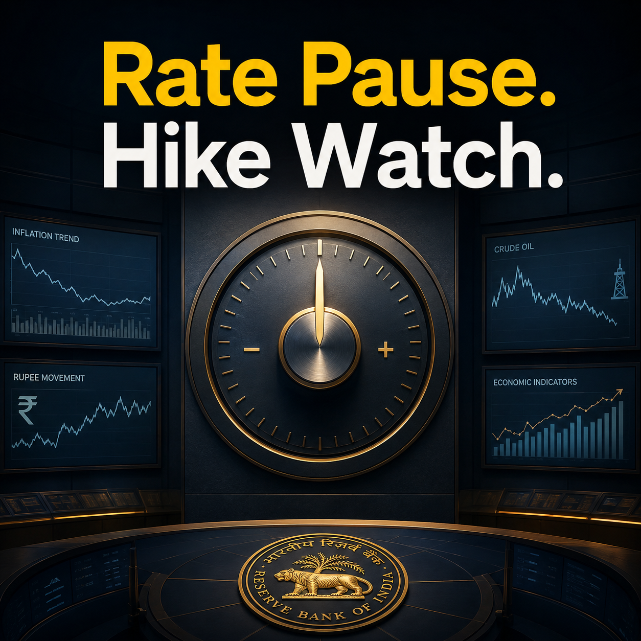 RBI monetary policy themed control room showing a paused interest-rate dial with inflation, crude oil, and currency indicators in a premium financial environment.