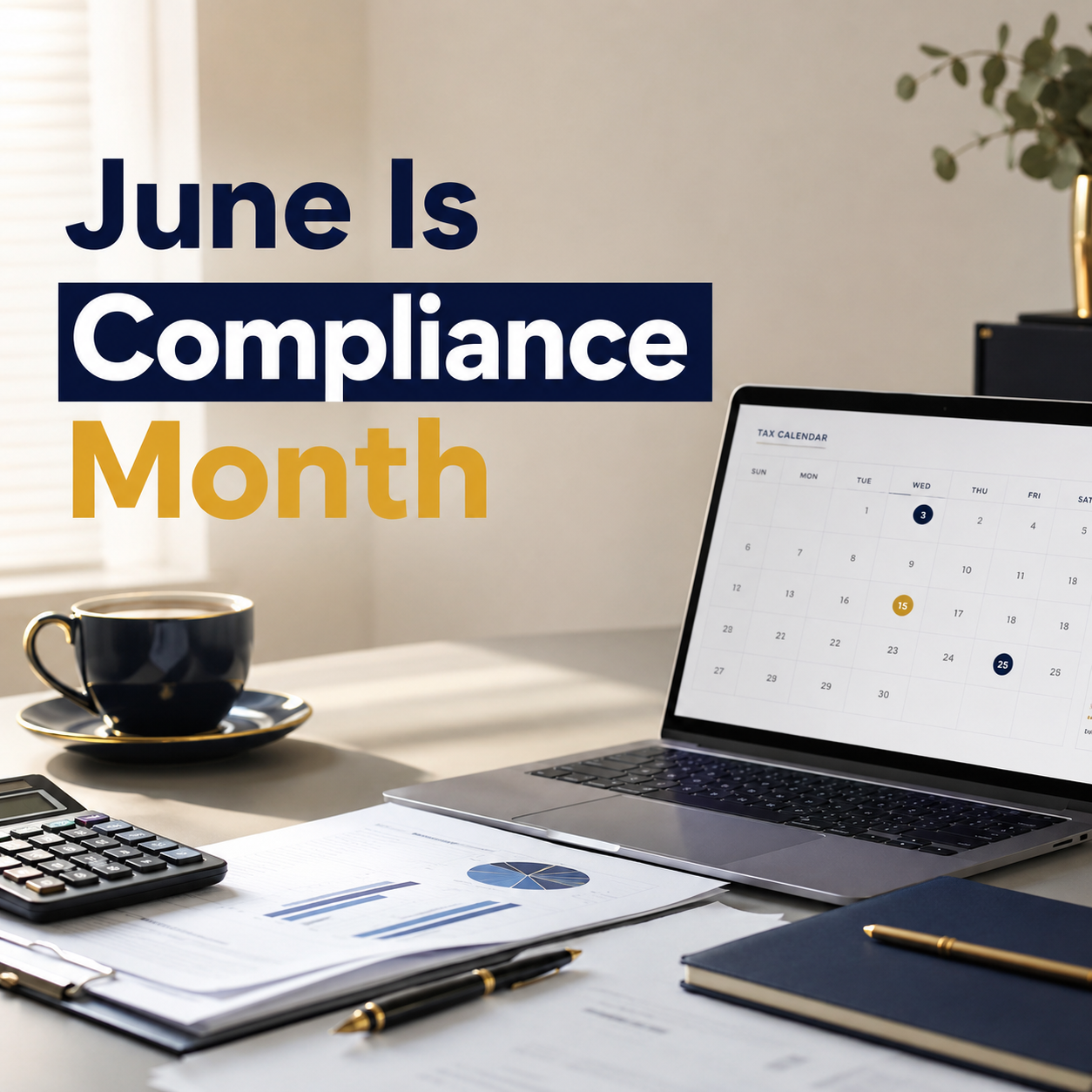Elegant financial desk with tax calendar, documents, calculator and laptop representing advance tax and Form 16 compliance.