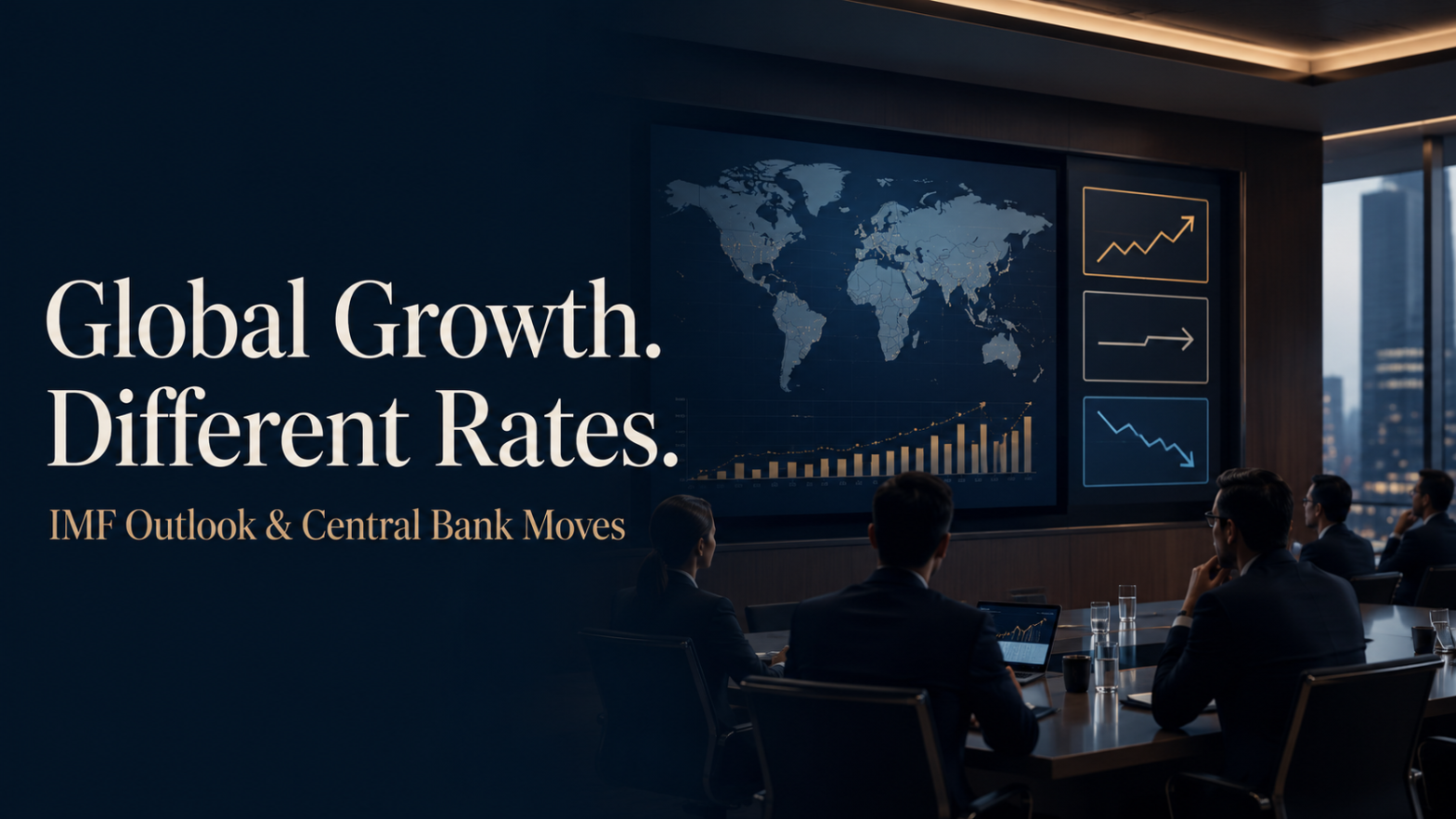 Global financial dashboard illustrating the IMF economic outlook and diverging central-bank interest-rate policies in 2026.