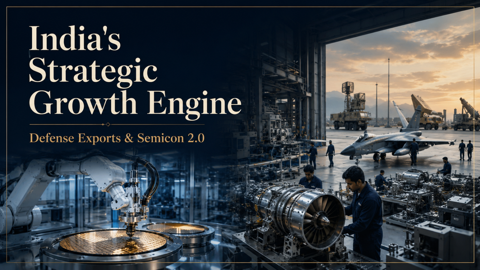 Premium semiconductor fabrication plant integrated with advanced defence manufacturing, representing India's Semicon 2.0 initiative and growing defence exports.
