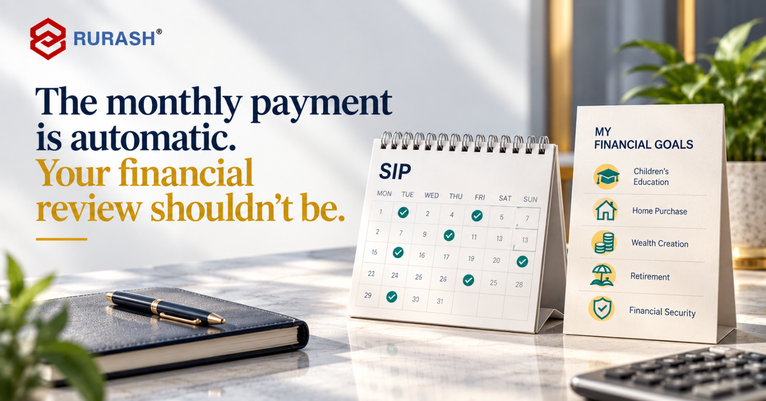 Mutual fund SIP review concept showing a monthly SIP calendar and financial goal milestones