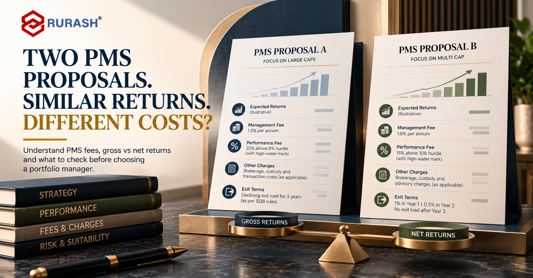 Two PMS proposals compared for management fees, performance fees, other charges and exit conditions