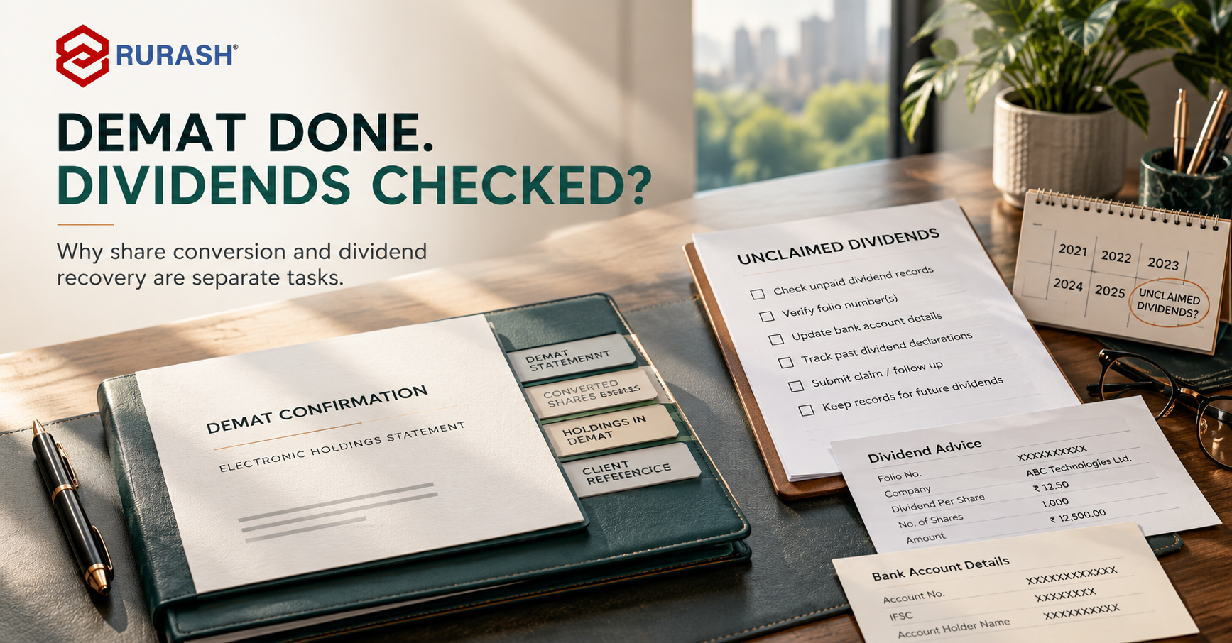 Rurash Financials cover comparing a demat confirmation statement with an unclaimed dividend checklist