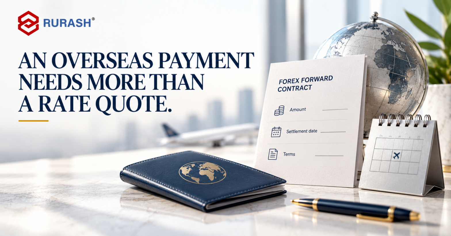 Rurash blog cover showing an overseas payment checklist, forex forward contract document and settlement calendar