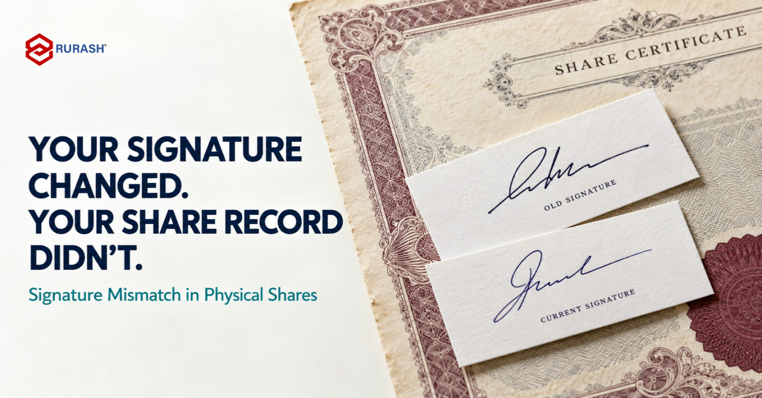 Physical share certificate beside two fictional signature specimens illustrating a signature mismatch